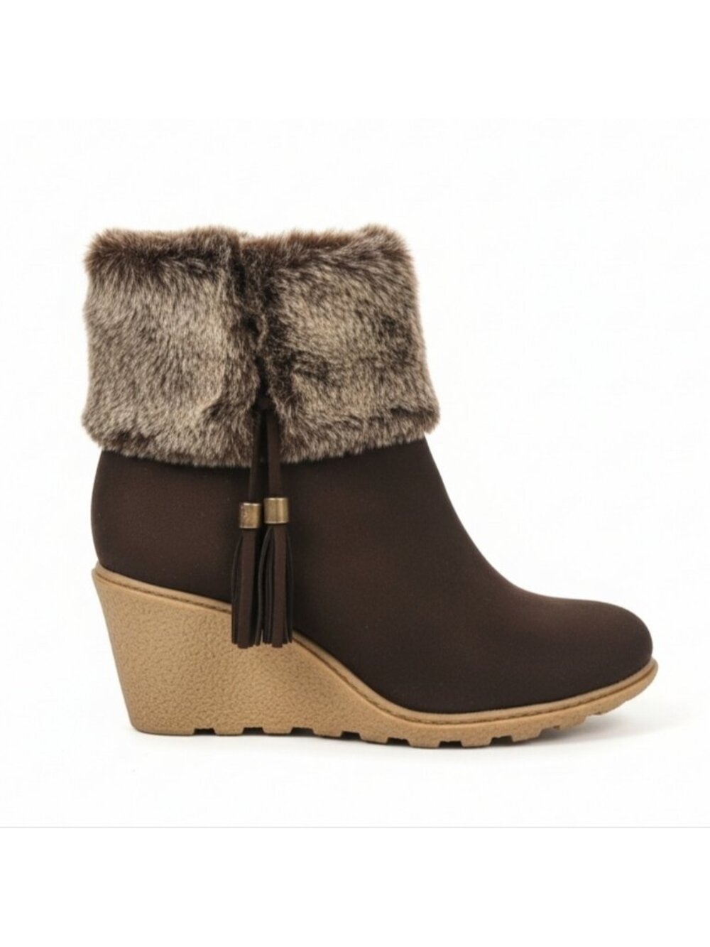 Penningtons Faux Fur Suede Wedge Boots Brown Booties Moccasin Tassel Size 8 Wide
